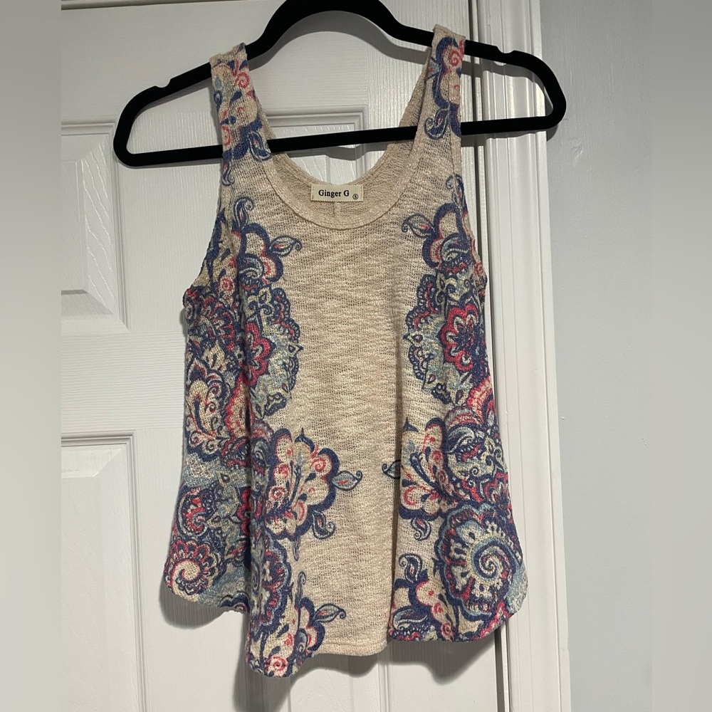 Ginger G Cream Tank Top with Blue and Pink Paisley